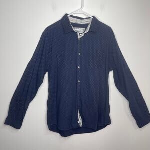 PD&C men's large button down casual shirt navy blue white cotton slim fit